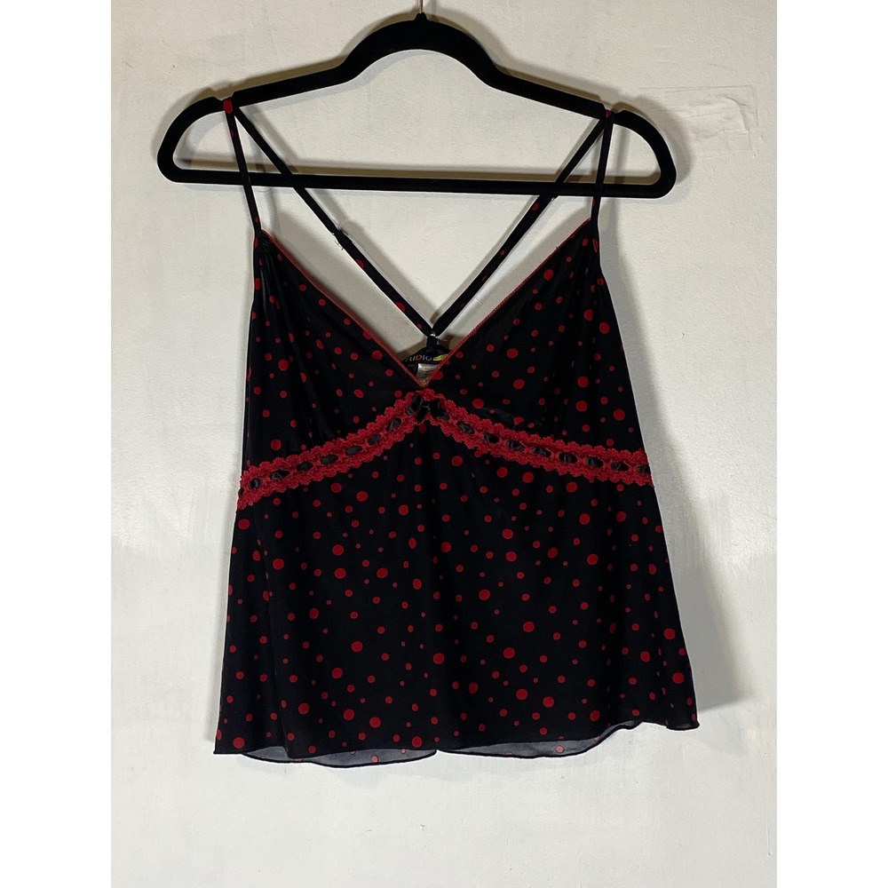 Y2K Polka Dot Babydoll Cami XL Black Red Lace Trim Strappy Camisole Whimsigoth